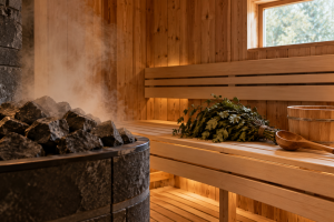 Steam rising over heated stones in a wooden banya room with a birch venik resting on the bench