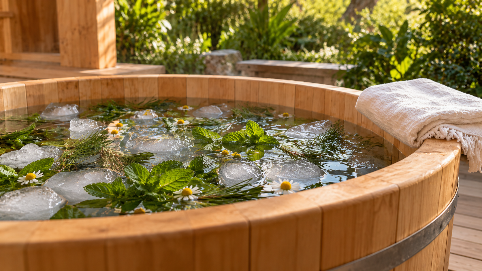 Herb-infused ice bath in a wooden tub used for contrast rounds after steam