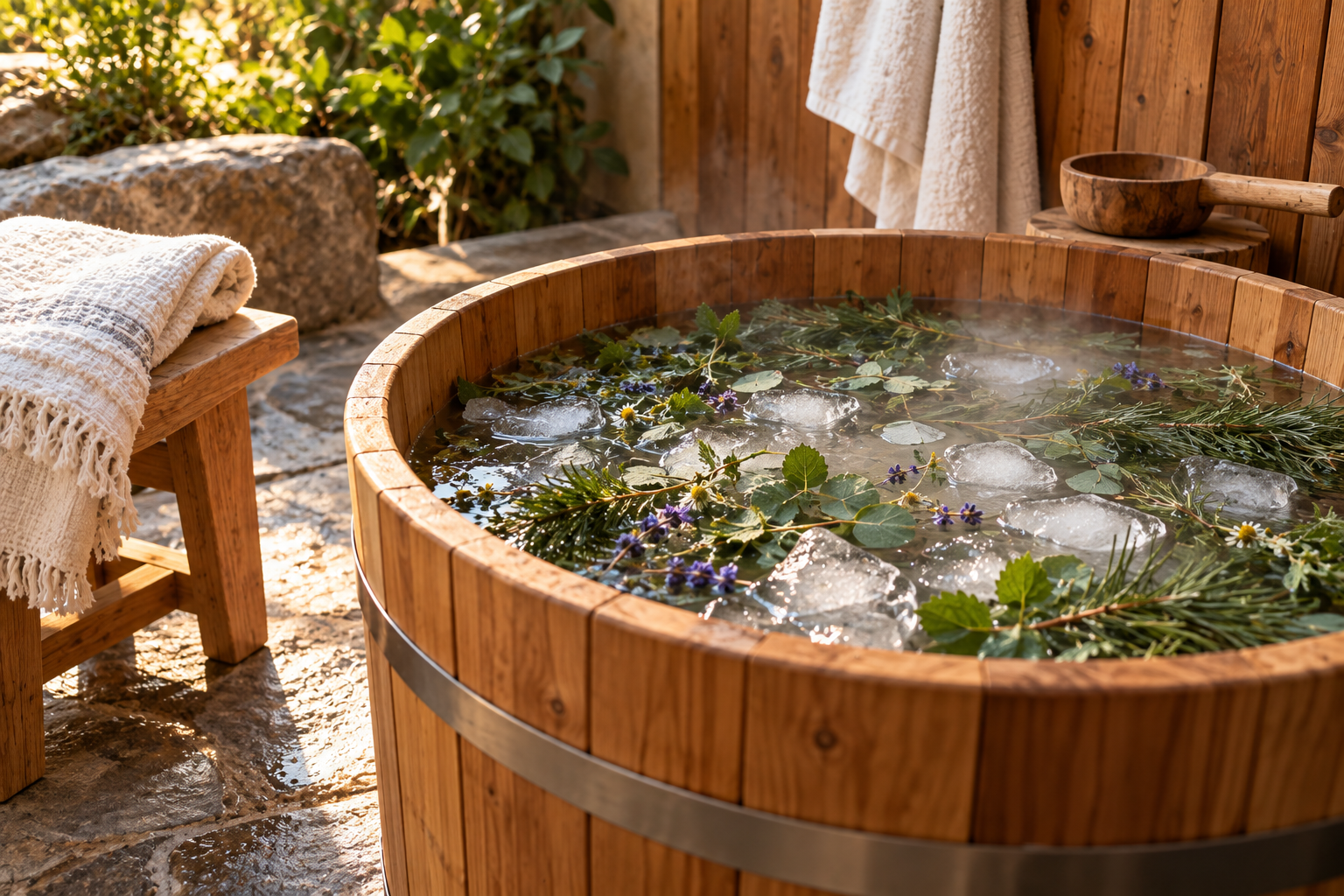 Herb-infused ice bath with floating herbs and ice in a wooden tub at a private banya