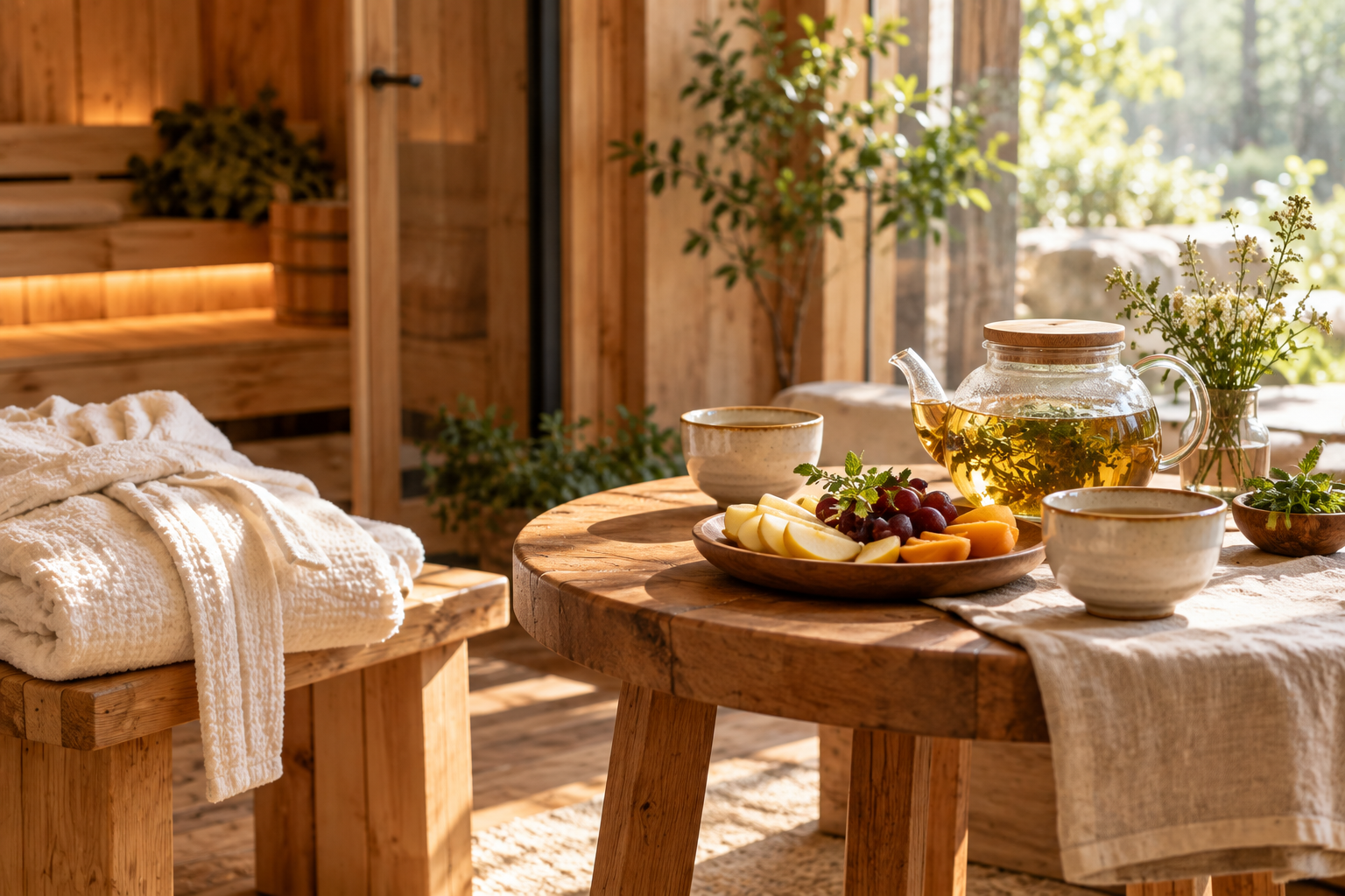 rest-between-banya-rounds Herbal tea and sliced fruit set out on a wooden table for rest between banya rounds