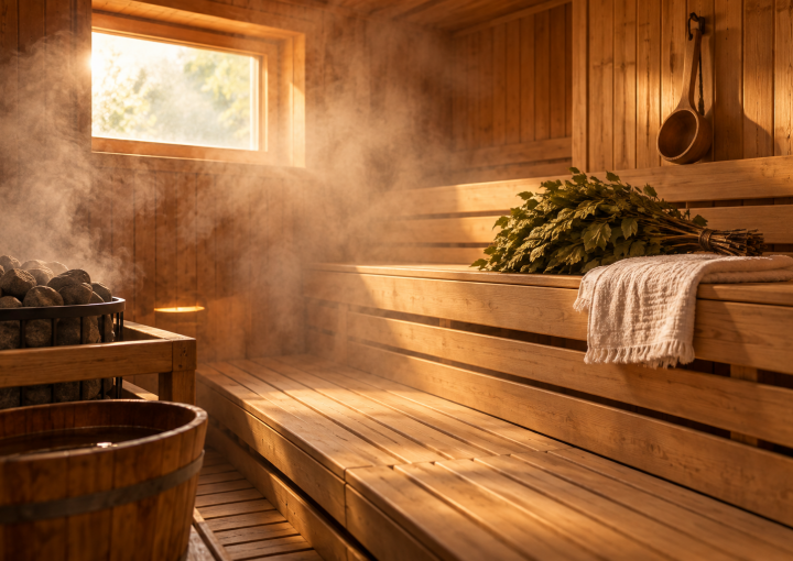 Traditional Russian banya sauna with birch venik at House of Sun in Woodland Hills