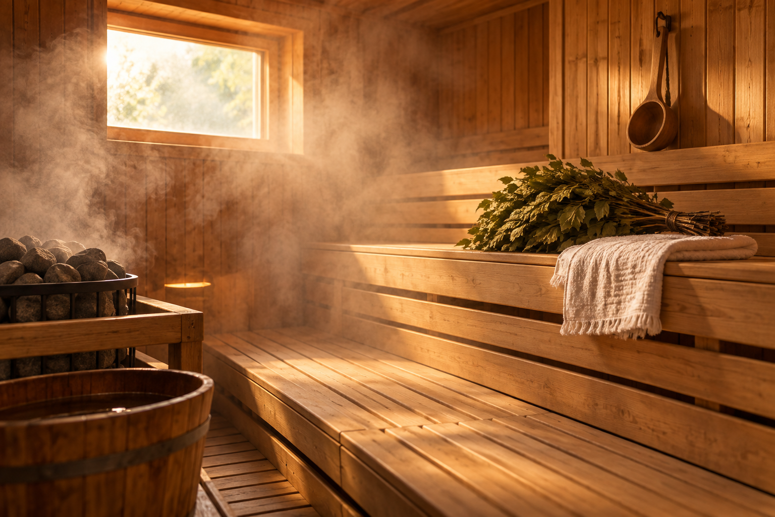 Traditional Russian banya sauna with birch venik at House of Sun in Woodland Hills