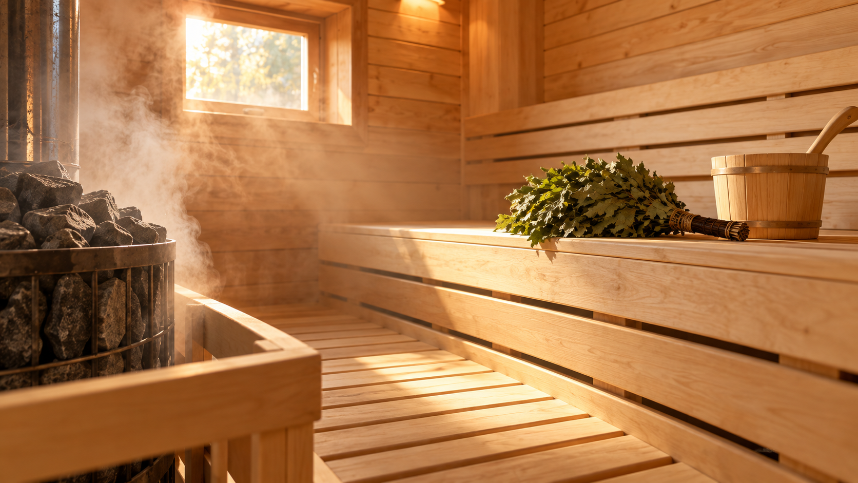 Russian banya steam room with birch venik at House of Sun in Woodland Hills