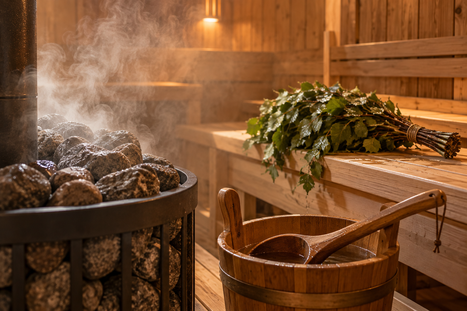Birch venik bundle on a wooden bench beside steaming stones inside a traditional Russian banya