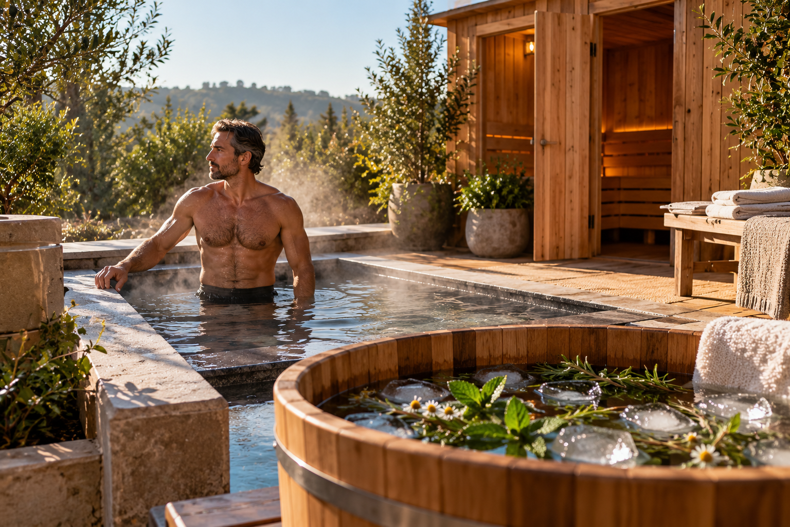 sauna-cold-plunge-contrast-therapy-woodland-hills Cold pool and herb-infused ice bath beside a wooden sauna, part of a private spa day for men in Woodland Hills