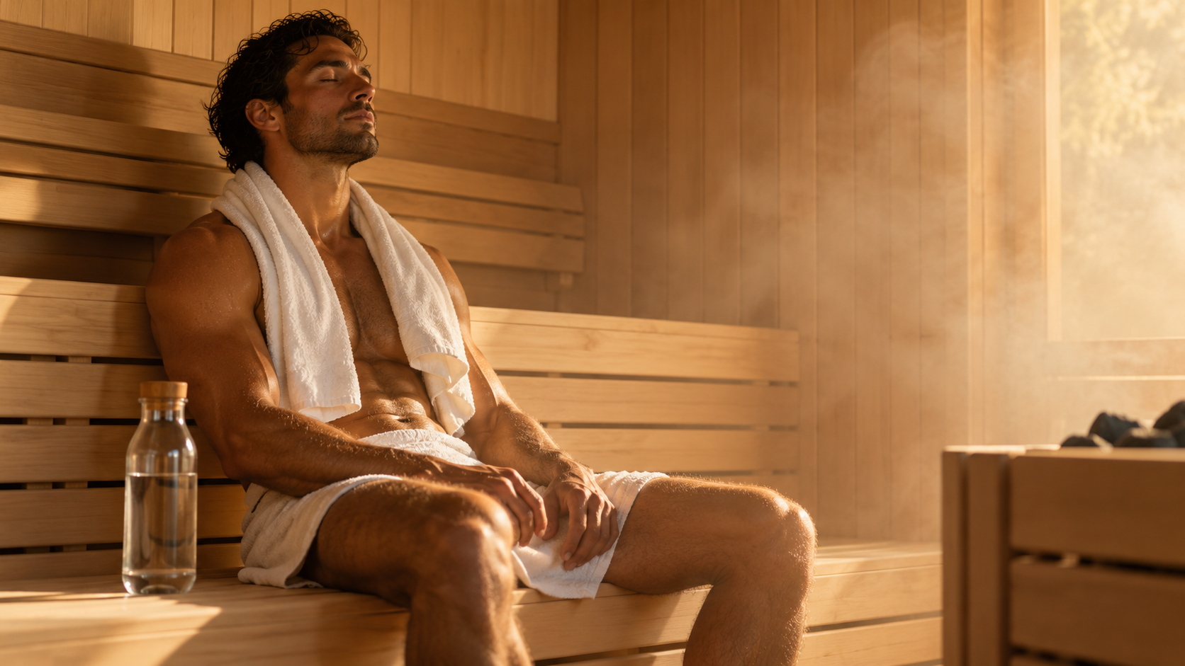 Athlete resting on a wooden sauna bench with a bottle of water after a workout