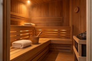 Private wooden sauna room with tiered cedar benches at House of the Sun in Woodland Hills
