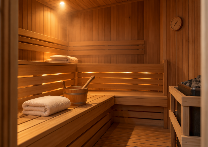 Private wooden sauna room with tiered cedar benches at House of the Sun in Woodland Hills