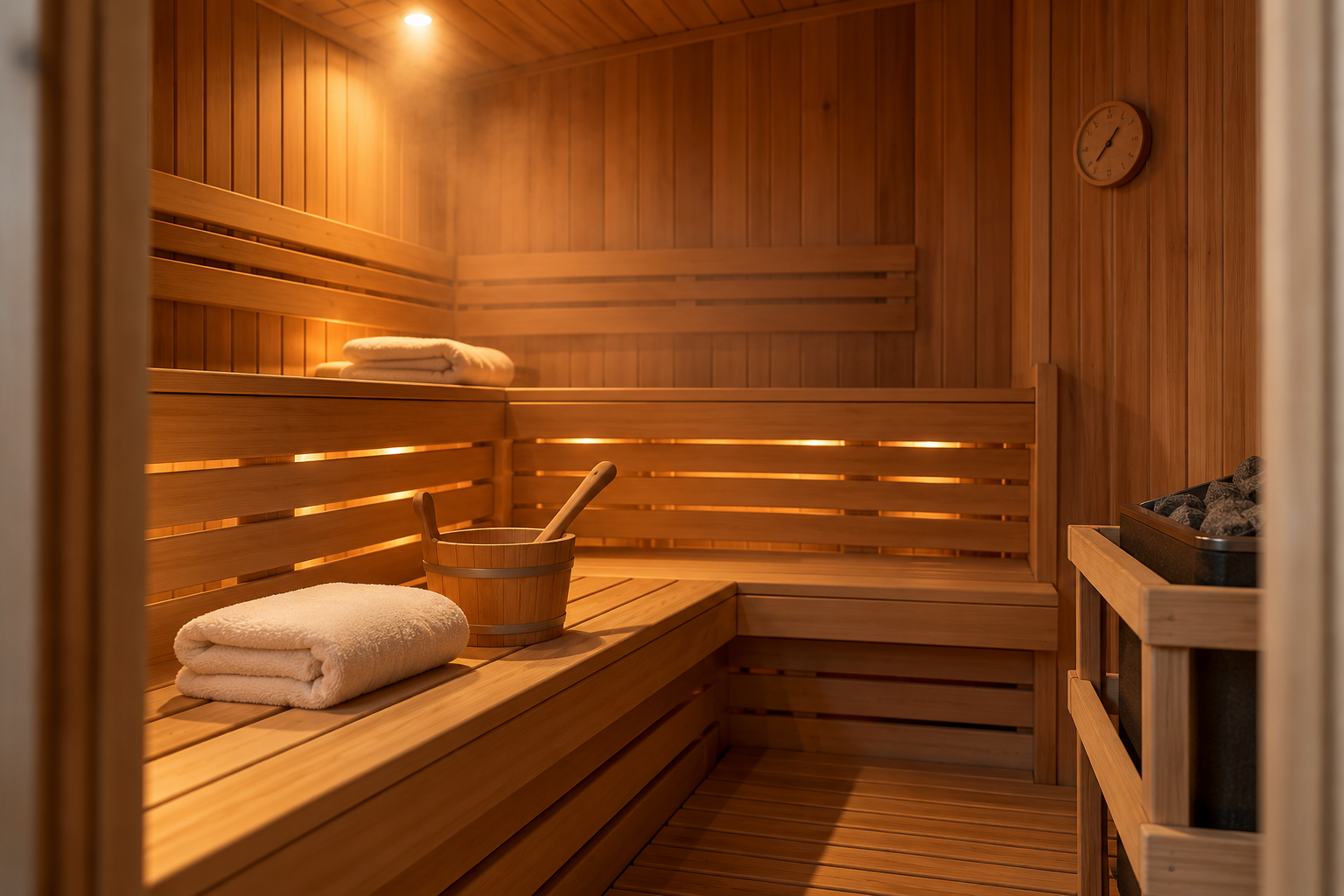 Private wooden sauna room with tiered cedar benches at House of the Sun in Woodland Hills